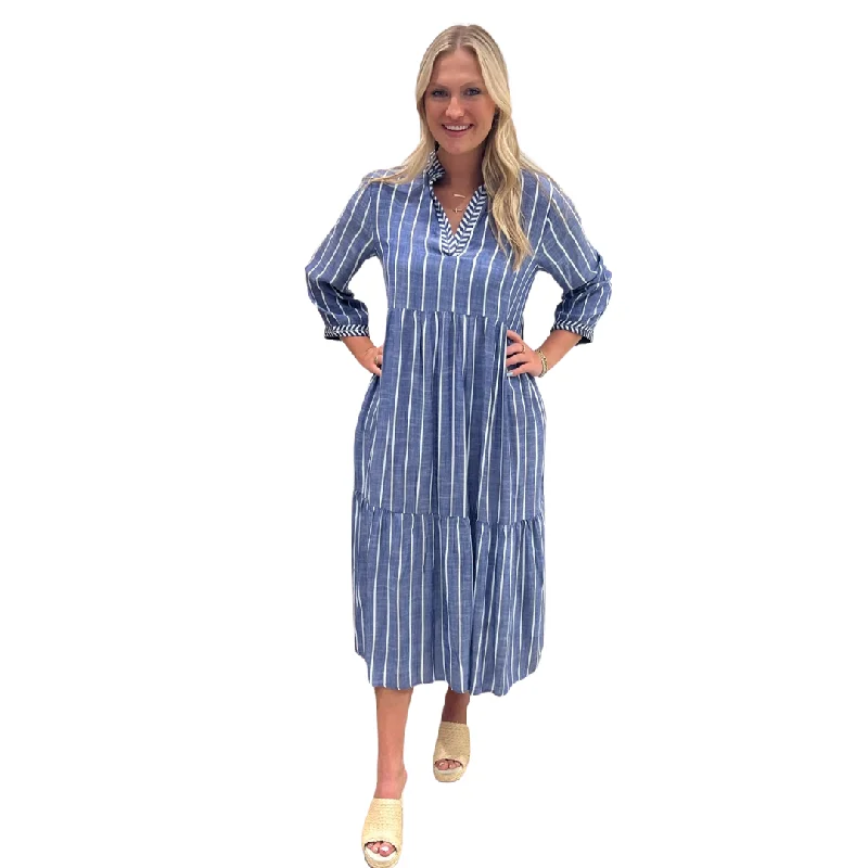 The Morley Long Length Embroidered Trim Striped Dress Tunics Satin smooth