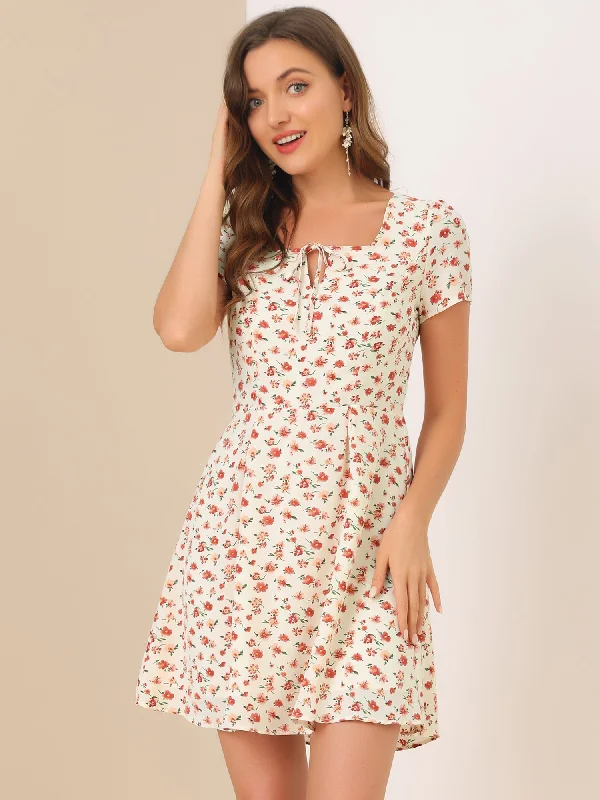 Printed Casual Square Neck Short Sleeve A-Line Dress Tunics Velvet soft