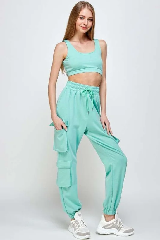 MINT CROP TOP AND CARGO PANTS SET ASS137 Embroidered Appliqued Beaded