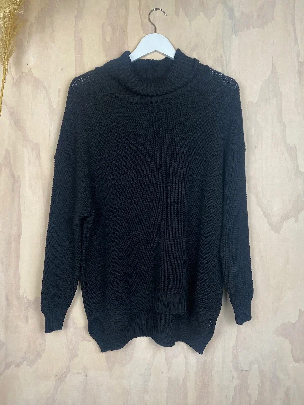 Roll Neck Waffle Jersey | Black Sky Blue Jersey Tee