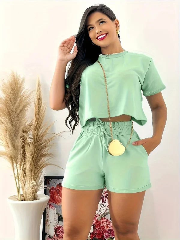 Womens Elegant Solid Color Casual Shorts Set - Crew Neck Short Sleeve Crop Top, Tie Waist Pants, Polyester Fabric, Regular Fit, Machine Washable - Perfect for Spring and Summer Outings Mesh Fabric Canvas Fabric Denim Fabric