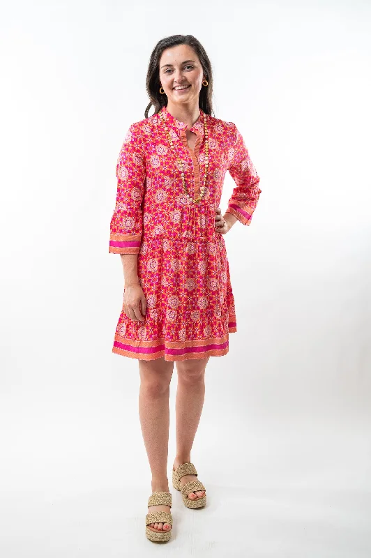 The Makayla Dress and in Raspberry Pink Border Print Pencil Office Professional