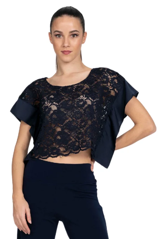 Lace & Satin Boxy Crop Top Zippered Front Buttoned Front Snap Front