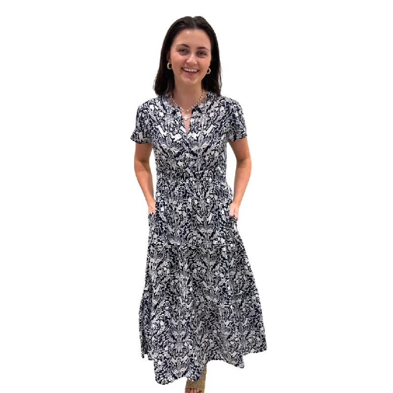 The Long Length Sydney Dress in Deep Navy and White Bunny Print Maxi Flowy Bohemian