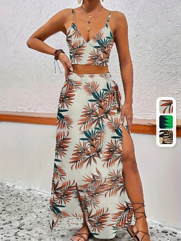 Womens Elegant Floral Print Skirt Set - Spaghetti Strap Crop Top & Split Hem A-line Skirt Outfit with No Elasticity - Perfect for Spring/Summer Vacation Faux Fur Fabric Real Fur Fabric Shearling Fabric