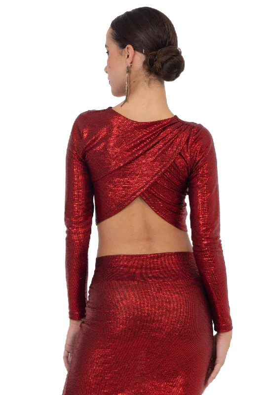 Red Metallic Long Sleeve Crop Top Houndstooth Herringbone Solid