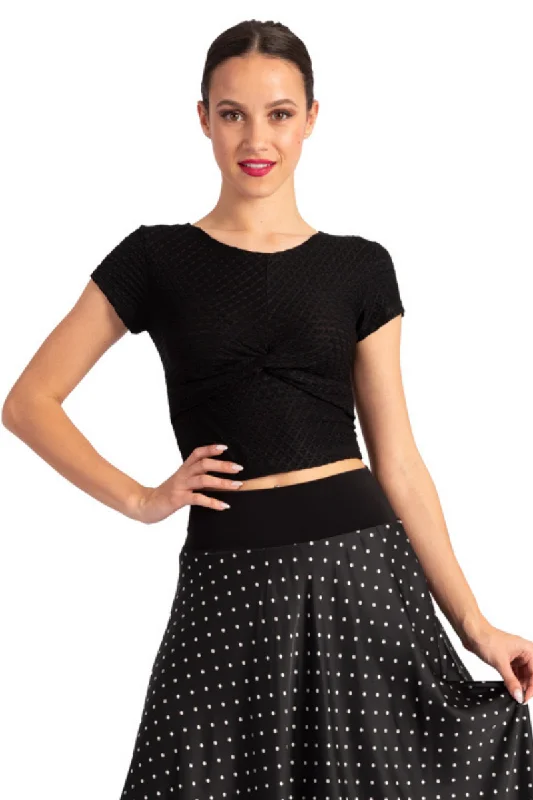 Textured Monochrome Crop Top With Front Knot Asymmetrical Pockets Print