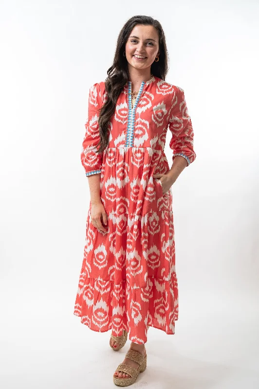 The Daniella Embroidered Trim Dress in Coral Ikat Shift Classic Vintage