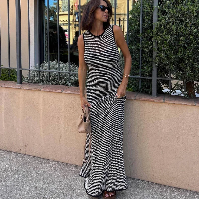 Ladies Stripe Hollow Out Sleeveless Slim Fit Dress 086# Tunics Spring floral