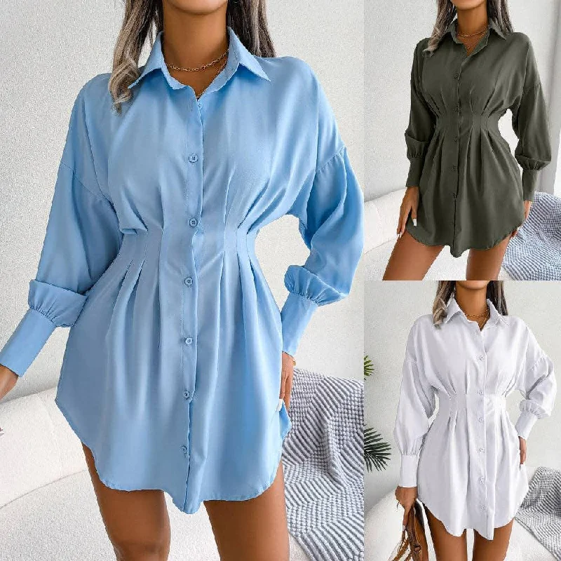 Ladies Solid Turn-Down Collar Long Sleeves Dress B8328 Tunics Luxurious premium