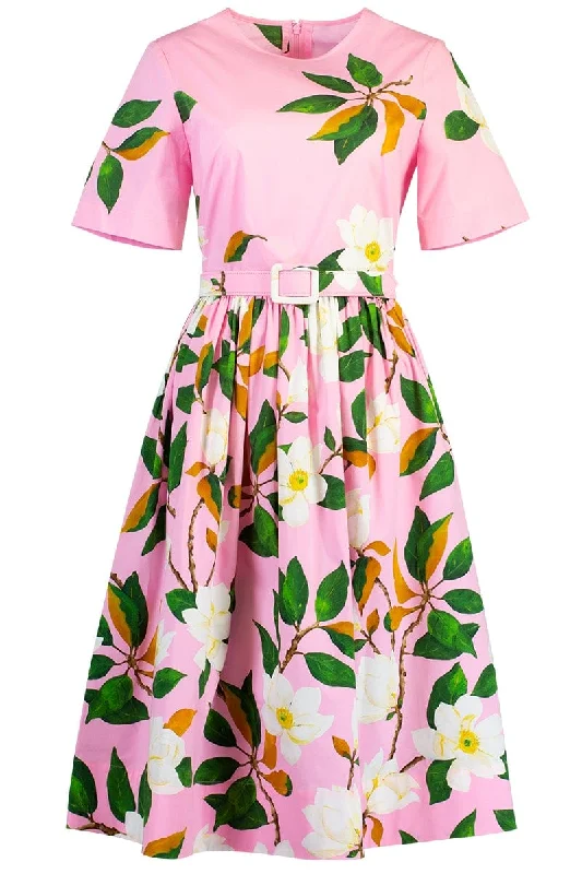 Belted Magnolia Flower Poplin Dress Tunics Sophisticated sleek