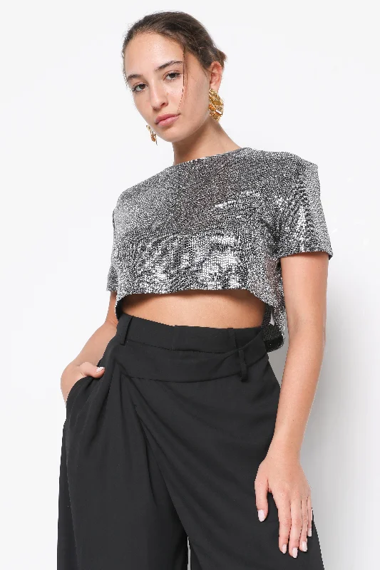 Makity Glitter Festival grey crop top Rayon Velvet Corduroy