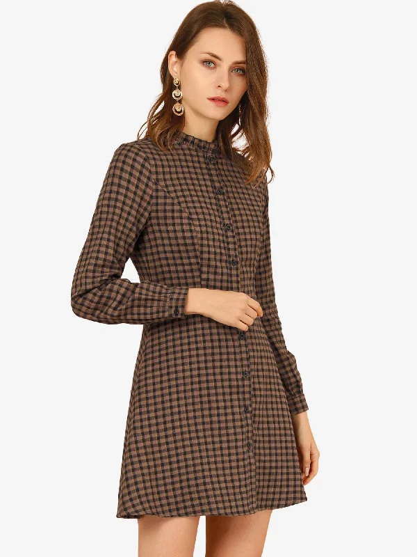 Vintage Check Ruffle Neck Button Down Long Sleeve A-Line Dress Tunics Timeless classic