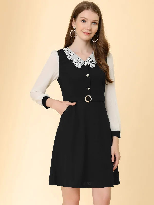 Peter Pan Collar Elegant Contract Panel Pockets A-Line Dress Casual Short Summer