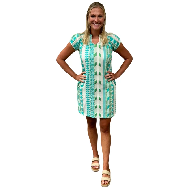 The Michelle Smocked Neck Dress in Turquoise Cream Jacquard Tunics Essential wardrobe