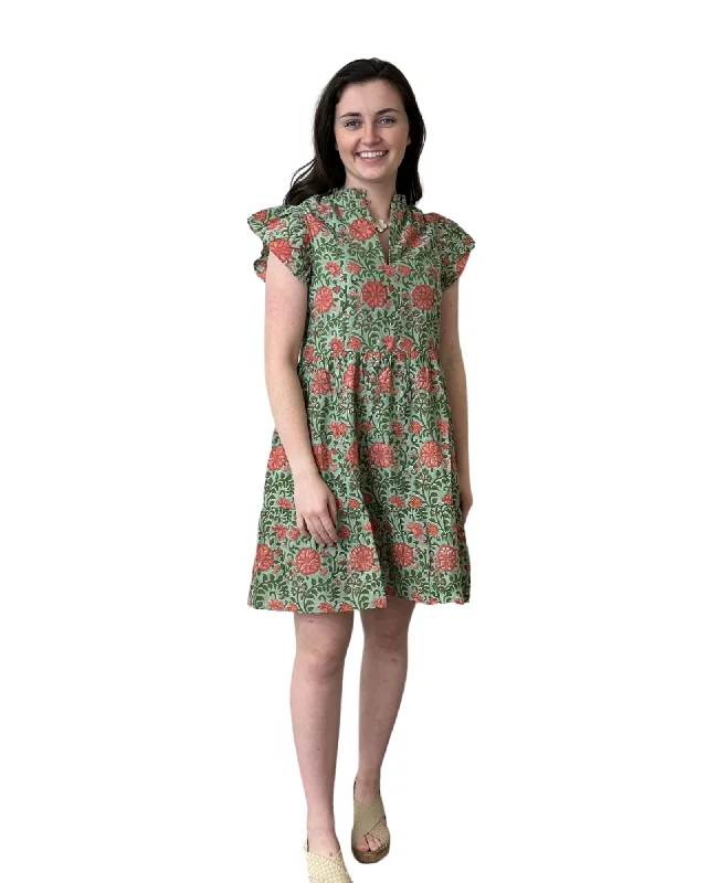 The Tinley Short Flutter Sleeve Dress in Green Floral Cotton Block Print Tunics Vintage classic