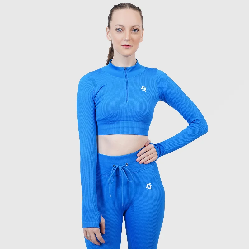 Fitness Ribbed Crop Top (Blue) Mesh Blend Leather Blend Suede Blend