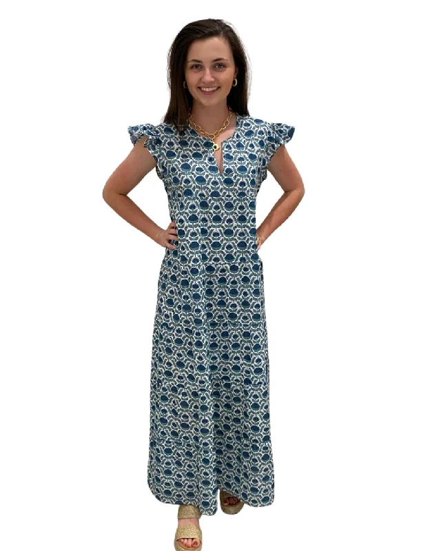 The Isabella Long Flutter Sleeve Block Print Cotton Dress in Emerald and White Tunics Plaid country