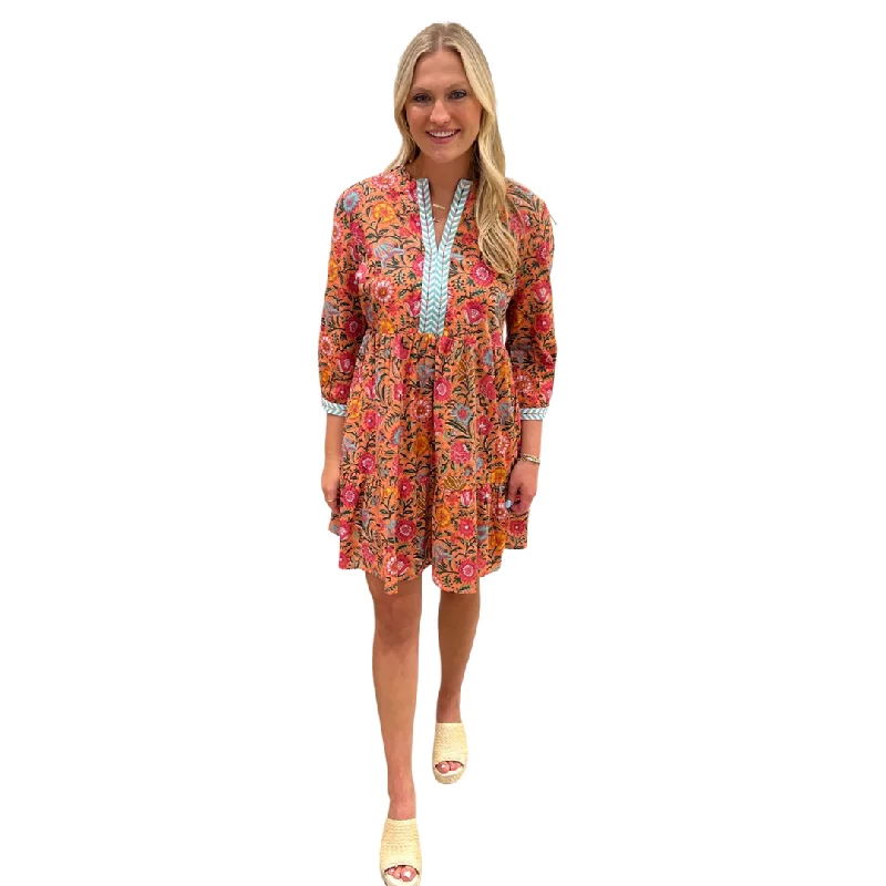 The Daniella Embroidered Trim Dress in Tangerine Floral Hand Blocked Cotton Crew Neckline Sporty The Daniella Embroidered Trim Dress in Tangerine Floral Hand Blocked Cotton Crew Neckline Sporty