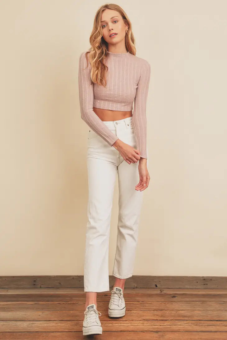 Long Sleeve Soft Knit Crop Top - Light Mauve Real Fur Shearling Chenille