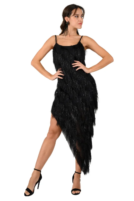 Black Shimmer Soft Fringed Asymmetric Dress Tunics Stylish modern