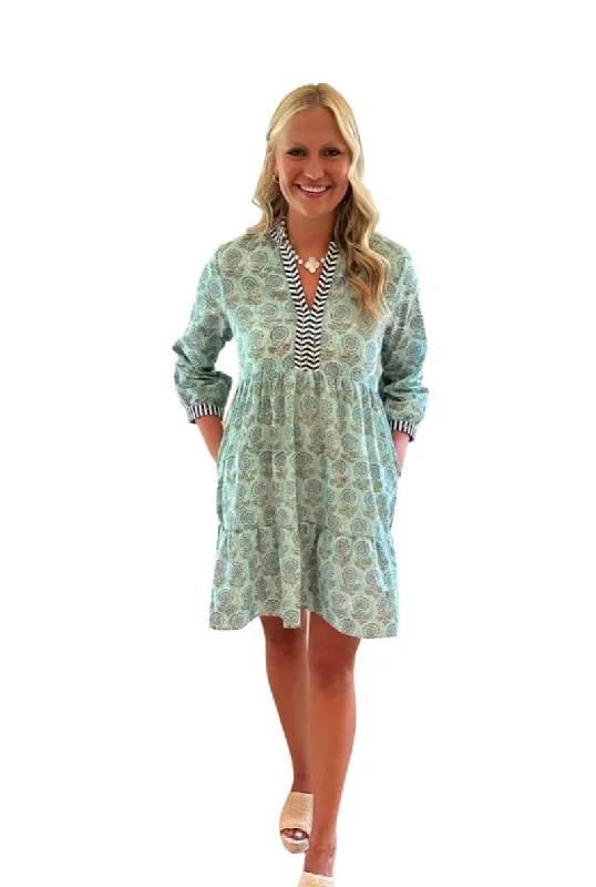 The Naomi Hand Blocked Floral Embroidered Trim Dress in Aqua Tunics Recommended stylist