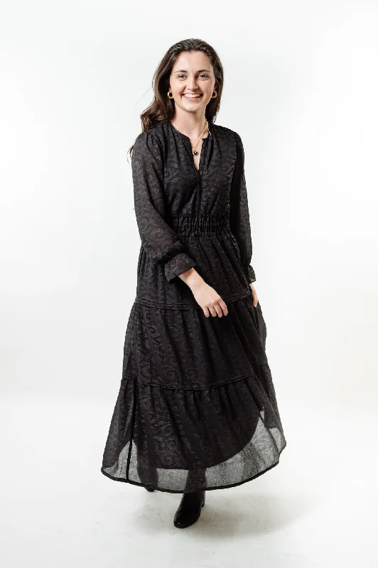 The Long Length Sydney Dress in Midnight Black Scroll Tunics Chic elegant