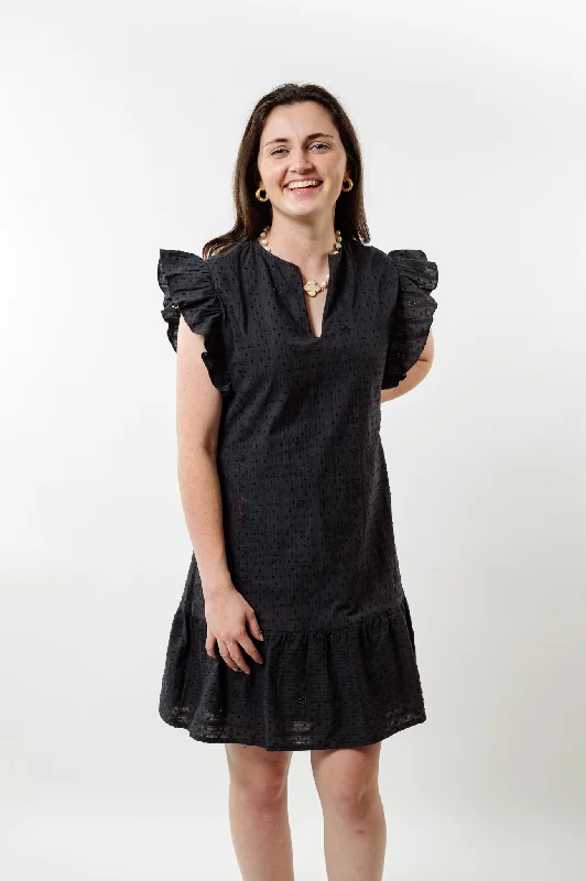 The Willow Flutter Sleeve Dress in Black Eyelet Tunics Sophisticated sleek