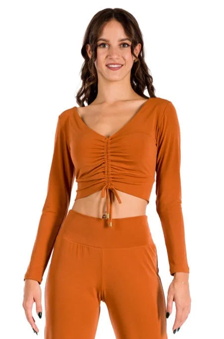 Bronze Orange Long Sleeve Crop Top With Center Gatherings Beaded Sequined Faux Fur