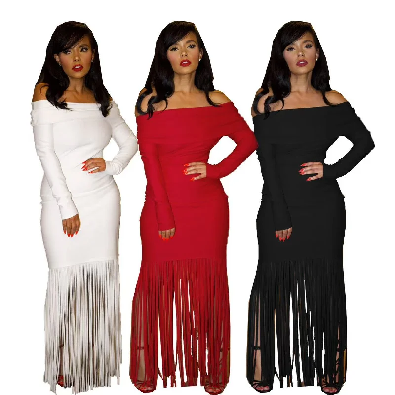 One-shoulder tassel hip long-sleeved dress（CL12305） Tunics Sophisticated sleek