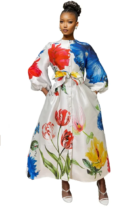 A94115 WHITE FLORAL PRINT BUTTON DOWN DRESS Tunics Top rated