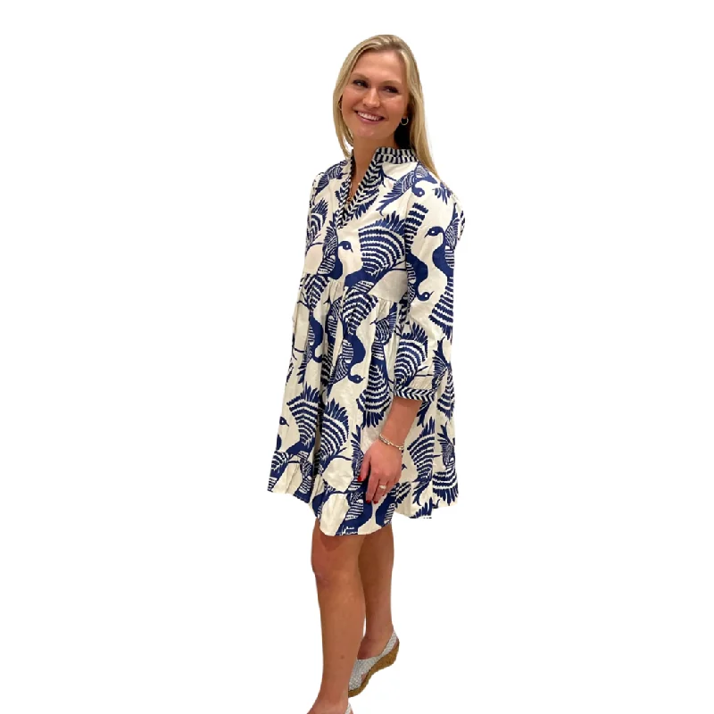 The Morley Bird Print Dress in Navy Blue Tunics Ceremony elegant