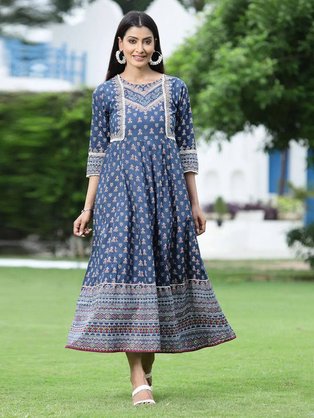 Juniper Women's Indigo Cambric Printed Anarkali Dress Tunics Trendy modern