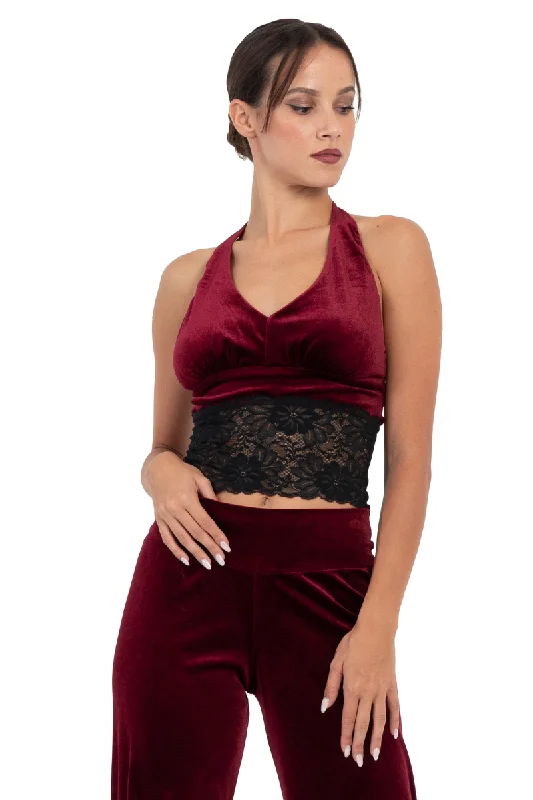 Velvet Halter-neck Tie Crop Top with Black Lace Satin Fabric Silk Fabric Chiffon Fabric