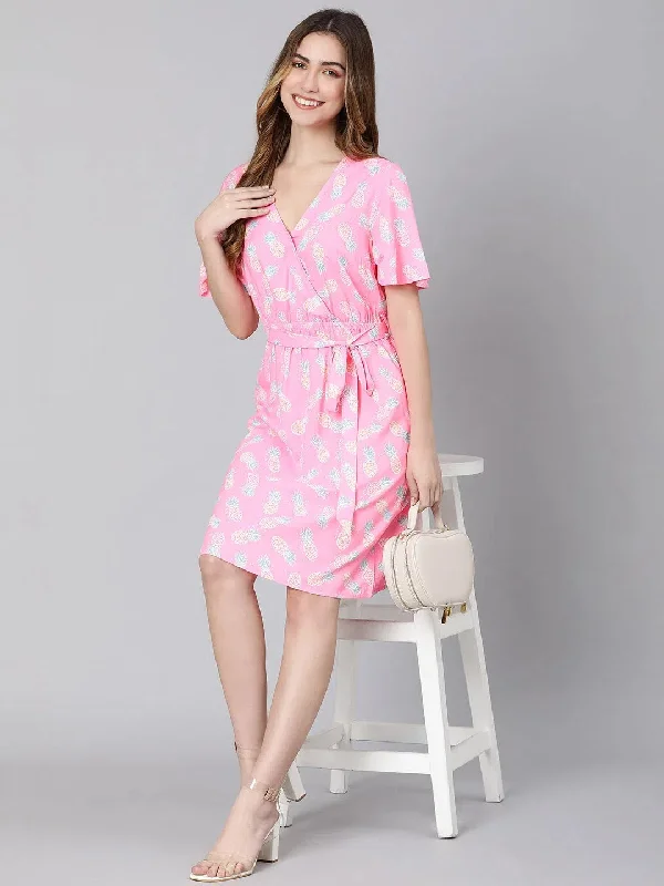 Barbie pink floral print tie-knotted women dress Tunics Sophisticated sleek