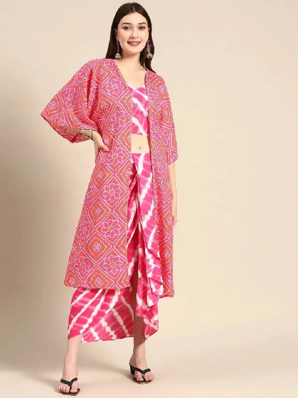 Shrug with crop top and dhoti skirt in Pink Elegant Classic Vintage