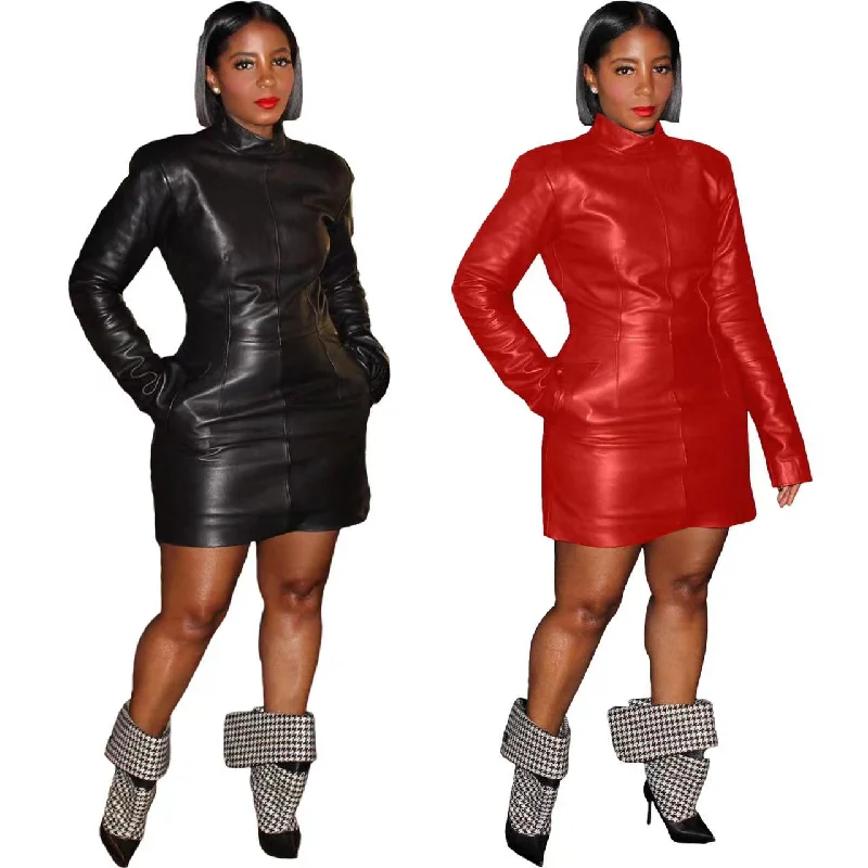 Solid color PU long sleeve pocket zipper dress（CL12115） Tunics Office stylish