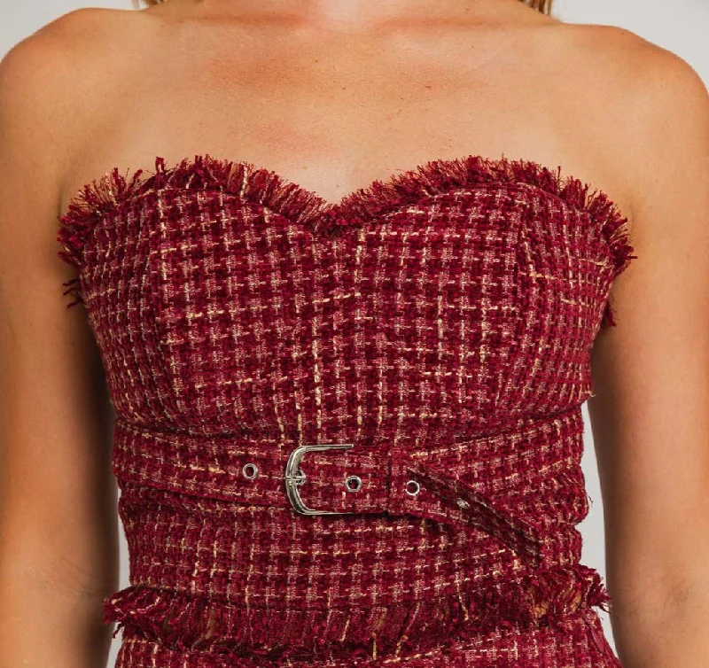 Tweed crimson and gold crop top with belt Ribbed Striped Patterned