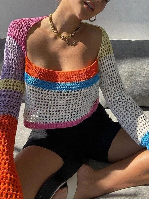 Crochet Knitted Long Sleeve Crop Top Women Beach Autumn Summer Tops Wool Fabric Cashmere Fabric Tweed Fabric