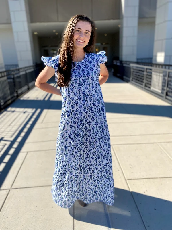 The Kristina Maxi Length Dress in Blue and Green Hand Block Print Tunics Summer linen