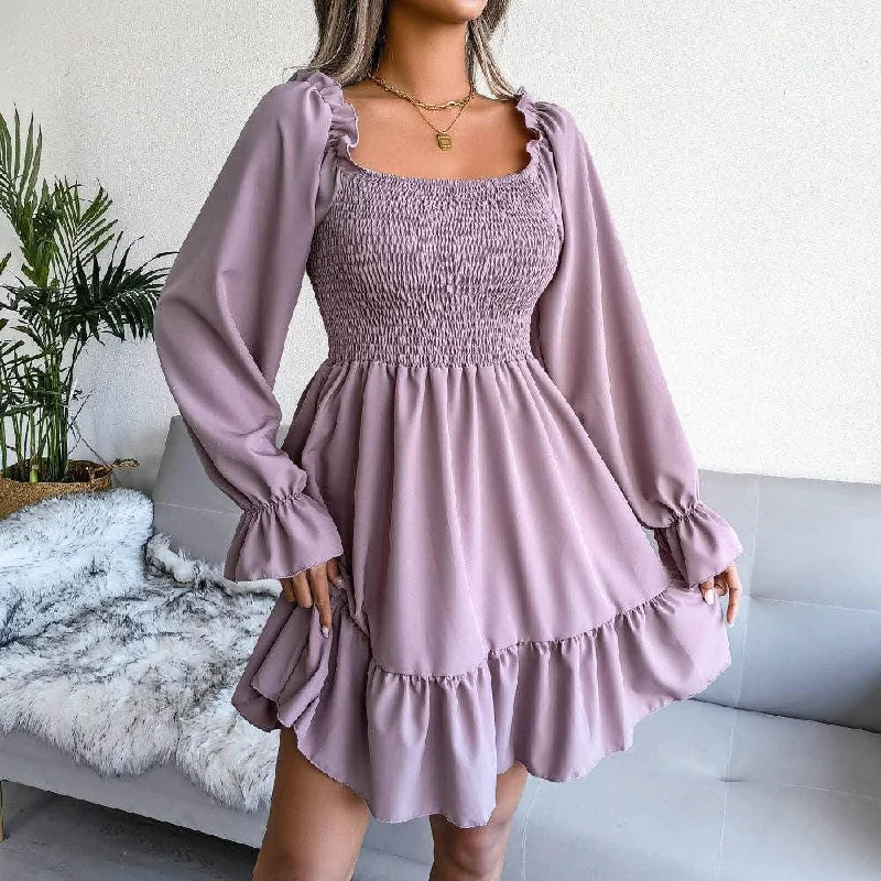 Ladies Solid Square Collar Long Sleeves Dress 8326 Tunics Mesh breathable