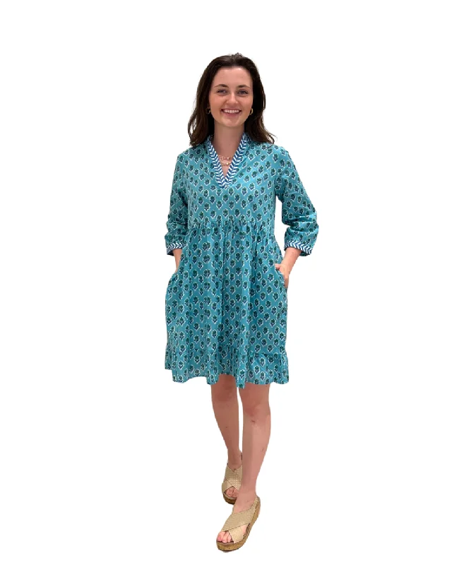 The Morley Cotton Block Print Dress in Teal and Blue with Embroidered Trim Tunics Solid Classic