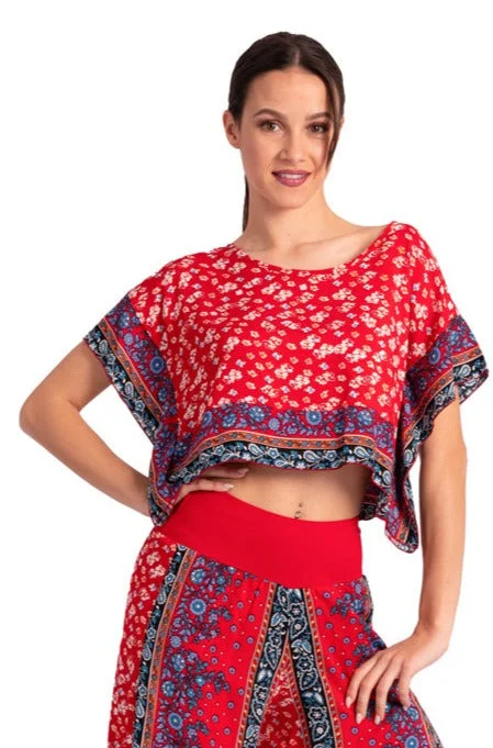 Bright Red Floral Print Boxy Co-ord Crop Top Elasticated Padded Insulated