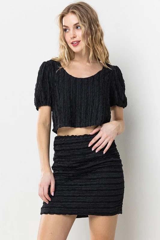 BLACK TEXTURED CROP TOP AND MINI SKIRT SET SY70045SA Welt Pockets Slit Pockets Flap Pockets