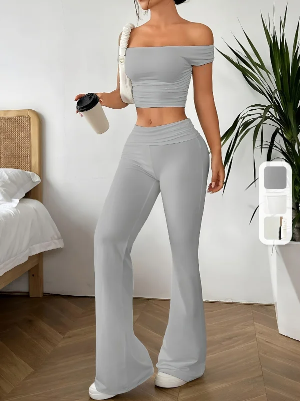 Women's Solid Color Casual Pants Set - Off Shoulder Crop Top, Flared Leg, Comfortable, Stylish, and Chic Outfit for Everyday Wear Mesh Blend Leather Blend Suede Blend