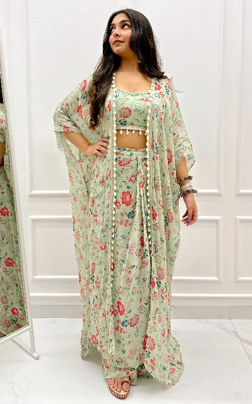 Sharmin Panjwani Sage Green Printed Georgette Crop Top & Draped Skirt Co-ord Set Machine Wash Dry Clean Hand Wash