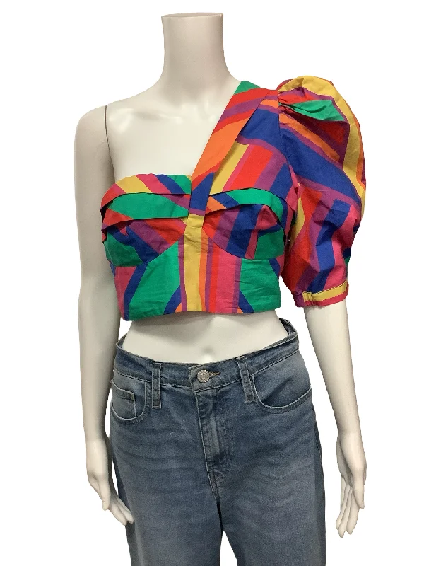 Anthropologie Farm Rio One Shoulder Crop Top Stripe Print Size: S Houndstooth Herringbone Solid