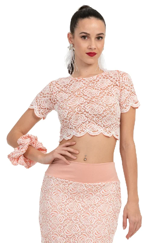 Salmon Pink Floral Lace Crop Top Rayon Fabric Velvet Fabric Corduroy Fabric