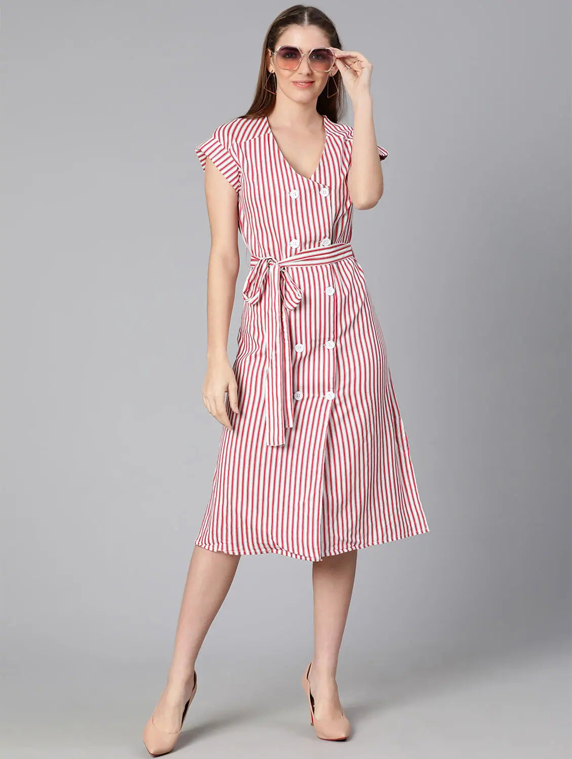 Ramp Red Stripes Print Tie-Knot Women Dress Tunics Trousers formal