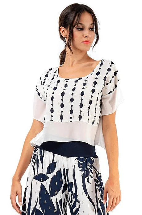 White Boxy Co-ord Crop Top With Dark Blue & Silver Print Spandex Blend Rayon Blend Denim Blend